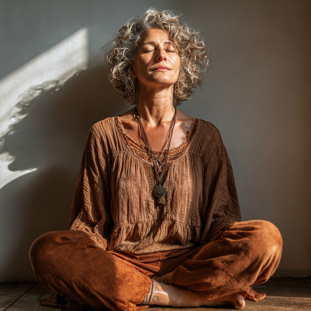 A woman in her late 40s practicing yoga in a peaceful studio with natural light, sitting in lotus position with closed eyes and serene expression, wearing comfortable earth-toned clothing
